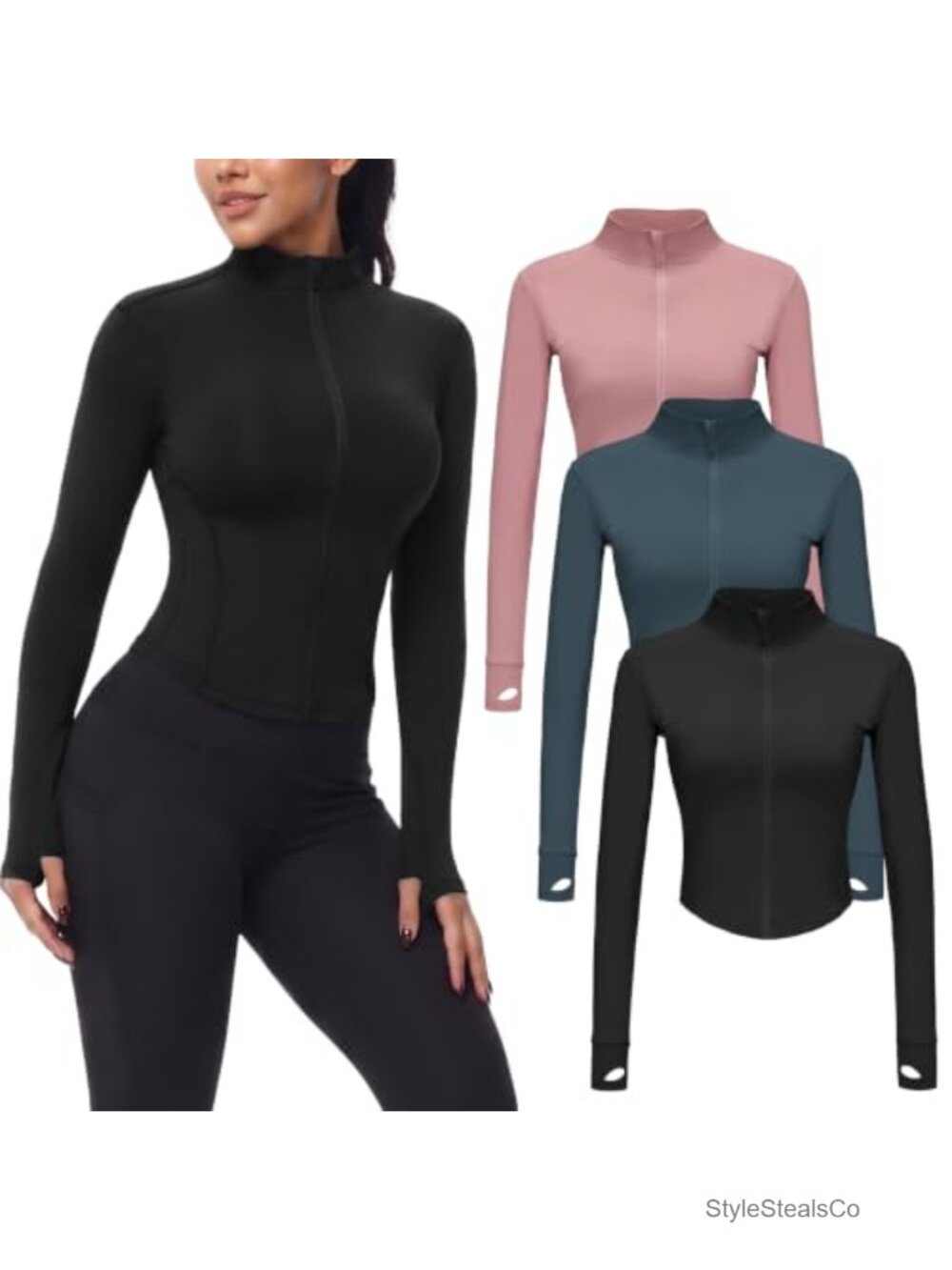 Cropped Full Zip Workout Jacket with Thumb Holes 3 Pack Slim Fit